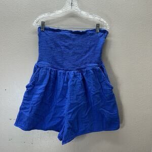Old Navy Women’s Romper Pockets Size L Smocked Strapless Tube Top Gauze Blue
